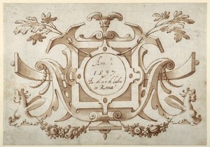 Bandwerk cartouche geassocieerd met de set van zijn Romeinse Zichten