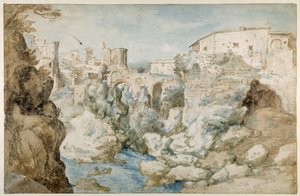 Uitzicht op Tivoli met de Tempel van de Tiburtijnse Sibyl en de Watervallen