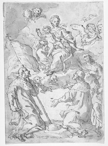 Deens: Drie mannelijke heiligen met Madonna en Kind in de wolken, omringd door engelen
