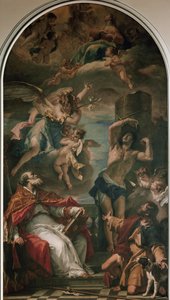 De Maagd in glorie met Aartsengel Gabriël, St. Eusebius, St. Sebastian en St. Roch door Sebastiano Ricci