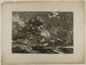 Kar getrokken door twee paar ossen in een storm door Sébastien Bourdon