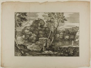 Landschap met een dode man en twee priesters door Sébastien Bourdon