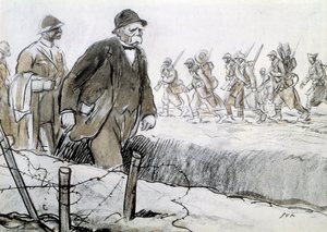 Eerste Wereldoorlog: Portret van Clemenceau (1841-1929) in een kist die het front bezoekt. Tekening door Georges Goursat, bekend als Sem (1863-1934)
