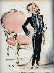 Pierre Loti (1850-1923) of de recalcitrante retraite - (in groene jurk van de Franse Academie) - Karikatuur door SEM (Georges Goursat) (1863-1934) in 