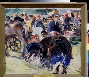 Een kermis. Marktplein in de provincie met boerinnen en handelaren. door Semen Gavriilovich Nikiforov