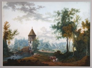 Molen en Pil Toren in Pavlovsk park, voor 1797 door Semyon Fyodorovich Shchedrin