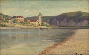 Uitzicht op Dürnstein vanaf de overkant van de Donau
