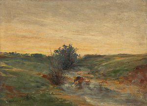 Wasvrouw bij de beek bij zonsondergang