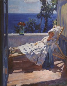 Een dame op het balkon, 1916 door Sergei Arsenevich Vinogradov