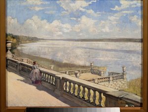 Zonnige dag, een dame bij de balustrade door Sergei Arsenevich Vinogradov