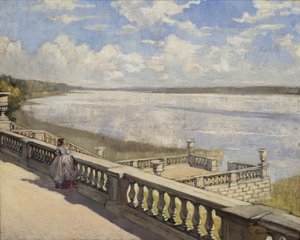 Zonnige dag. Een dame bij de balustrade, 1908 door Sergei Arsenevich Vinogradov