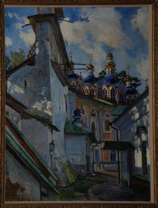 Uitzicht op het Pskovo-Pechersky klooster, 1928 door Sergei Arsenevich Vinogradov