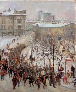 De mannen van het Rode Leger. Parade van de troepen van de Sovjet-Unie in de besneeuwde straten tijdens de Tweede Wereldoorlog (1939-1945), voorafgegaan door de fanfare en vergezeld door vrolijke kinderen. door Sergei Ivanovich Markin
