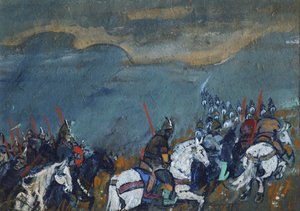 Leger van Tsaar Dodon. Illustratie voor het sprookje De Gouden Haan van A. Poesjkin door Sergei Vasilievich Malyutin