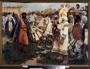 Christendom en heidendom. Christianisering van Oekraïne - Allegorie van de twee religies tegenover elkaar