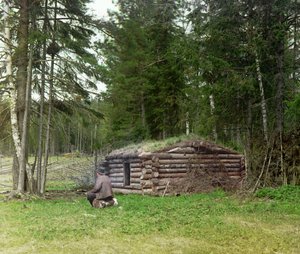 Een man voor een hut voor houthakkers en kuria (kolenbranden) in het bos, Russisch Rijk, tussen 1905 en 1915