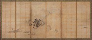 Landschap: heuvels en gebouwen, Muromachi periode door Sesson Shukei