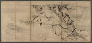 Apen en Bomen aan een Rivieroever, Momoyama periode door Sesson Shukei