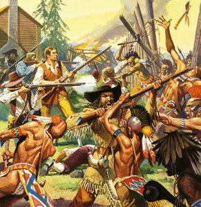Daniel Boone verdedigt een hofstede in Kentucky tegen aanvallende indianen door Severino Baraldi