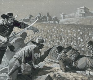 Met zijn mannen verborgen, wachtte Fetterman op de plunderende indianen door Severino Baraldi