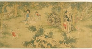 Vrouwen en kinderen in een tuin door Shi Wang