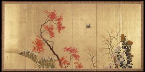 Herfst [links van een paar Vogels en bloemen in lente en herfst] door Shibata Zeshin