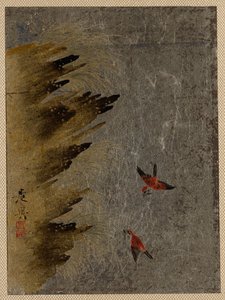Vogels en uitstekende rotsen door Shibata Zeshin