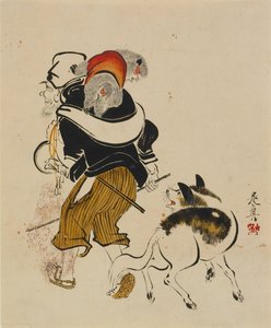 Hond die blaft naar een apendresseur door Shibata Zeshin