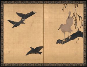 Zilverreigers en kraaien door Shibata Zeshin