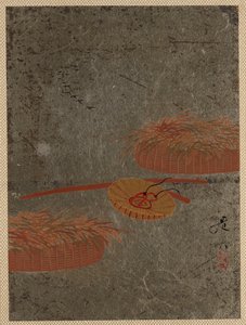 Bloemenmanden en boerenhoed door Shibata Zeshin