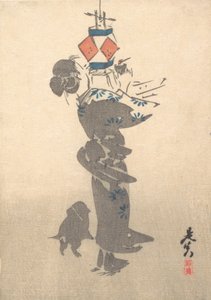 Een hangende lantaarn aansteken voor het Obon-festival, 1860