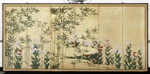 Bamboe en klaprozen, vroeg 17e eeuw (Paar schermen met zes panelen; inkt, kleur en goud
op papier) door Shigenobu Kano