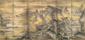 Japans: 『式部輝忠筆 四季山水図屏風 室町時代 』 Landschap van de vier seizoenen, één van een paar door Shikibu Terutada