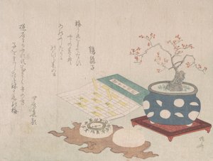 Bonsai Pruim, Kompas en Zakzonnewijzer met Ontwerp van Kalender, uit Lente Regen Surimon...
