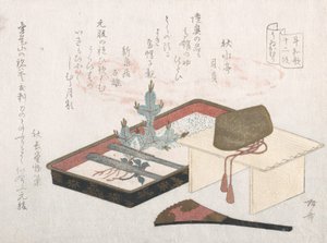 Kroon op een tafel, lak dienblad met jonge den en waaier, 19e eeuw door Shinsai