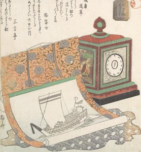 Tafelklok en Kakemono van een Schatboot, 19e eeuw