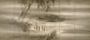 Rivierlandschap met vuurvliegjes door Shiokawa Bunrin