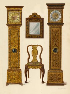 Klok ingelegd met lichte marqueterie, eigendom van Percy Macquoid; Klok ingelegd met donkere marqueterie, Victoria and Albert Museum; Walnoothouten stoel ingelegd met marqueterie; Spiegel door Shirley Charles Llewellyn Slocombe