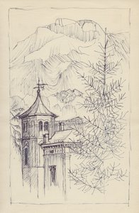 Kerk en bergen, Italië