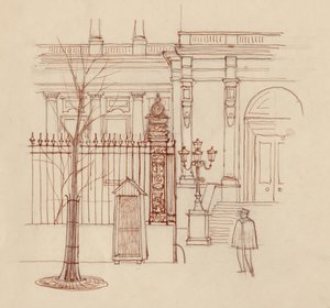 Gendarme buiten klassiek gebouw, Parijs, 1951