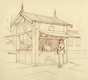 Kiosk die drankjes verkoopt, Parijs, Frankrijk, ca. 1951