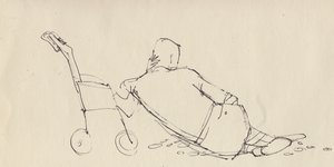 Man leunend tegen kinderwagen op het strand, ca. 1950 door Shirley Markham