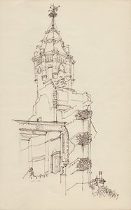 Toren van vervallen gebouw, ca. 1950