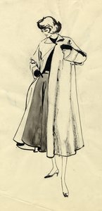 Vrouw in jas en volle rok, ca. 1950