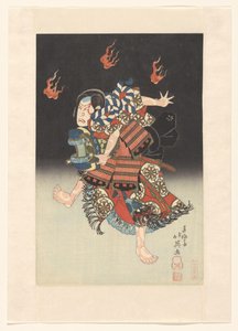Nakamura Shikan II als de vos (kitsune) Genkurô in het toneelstuk ‘Hanayagura hitome senbon’, Naka Theater door Shunbaisai Hokuei
