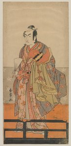 Kabuki-acteur Ichikawa Monnosuke II met een Gagaku-dansers helm en gewaad, Edo-periode, c.1780s
