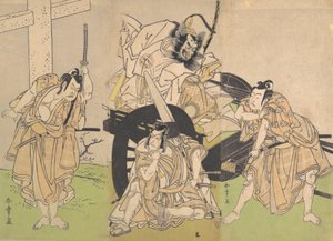 Kabuki-acteurs Ichikawa Yaozo II, Nakajima Mihoemon II, Ichikawa Ebizo III ..., 7e maand, 1776