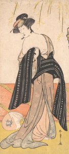 De acteur Nakamura Riko als een Oiran die haar Obi vastmaakt, ca. 1779