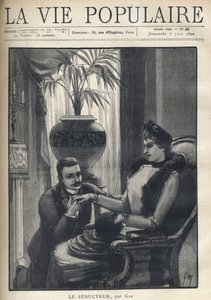 Een man op zijn knieën houdt de hand van een elegante vrouw vast, zittend in een bourgeois salon, met zijn jas, een mouw en een bontsjaal. Illustratie voor Le Seducteur door Gyp (Sibylle Gabrielle Marie Antoinette Riquetti de Mirabeau, Gravin van Martel d door Sibylle Gabrielle de Riquetti de Mirabeau