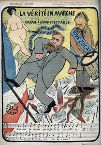 Dreyfus-affaire - Monsieur Jaures - La Verite en marche, drama a grand spectacle - leve Dreyfus, leve Zola, weg met het leger - Jean JAURES danst de Carmagnole voor Emile ZOLA en zijn trommel. Cartoon door BOB (1850-1932) voor Le Lire van 4/11/1896. Humori door Sibylle Gabrielle de Riquetti de Mirabeau
